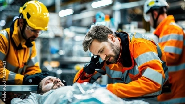 Obraz Emergency responders providing life-saving care to a patient in an industrial setting, showcasing teamwork and professional medical assistance.