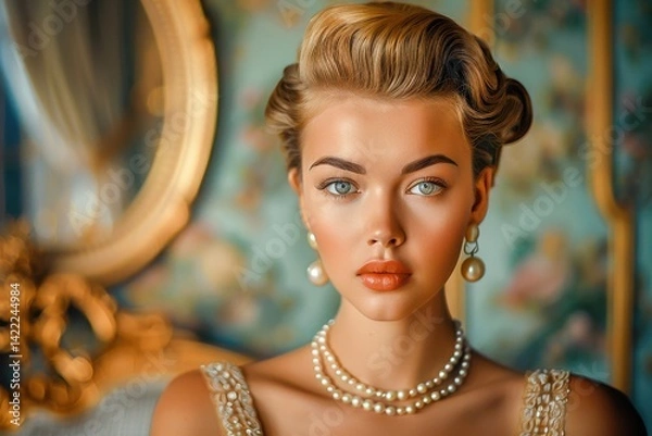 Obraz A glamorous and classic portrait of a woman in vintage style with pearls and elegant hairstyle. Radiating beauty and sophistication.