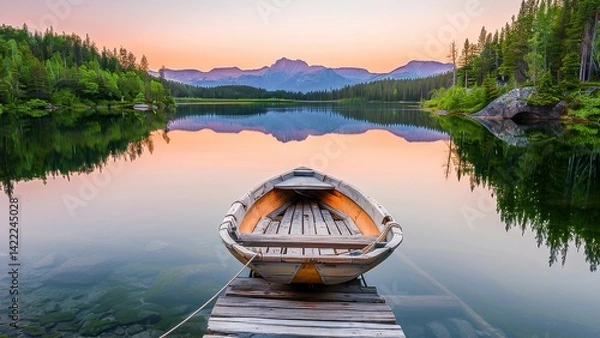 Obraz Wooden boat tied to a dock on a tranquil lake surrounded by mountains and lush forests during sunrise.
