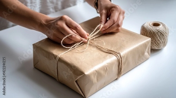 Obraz Eco friendly product packaging hands carefully wrapping a gift with brown kraft paper and twine