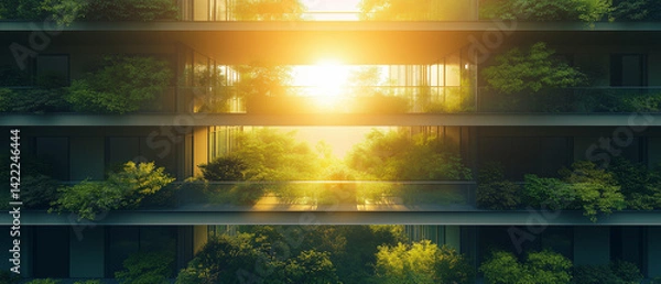 Fototapeta Sun filtering through trellised green balconies of an urban office building, calm and inspiring view