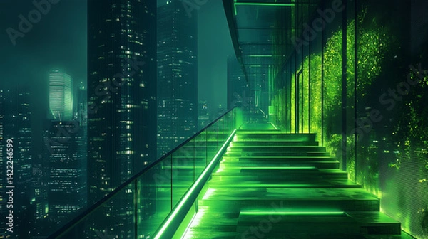 Fototapeta Nightscape showing glowing green architecture and illuminated terraces in downtown business district