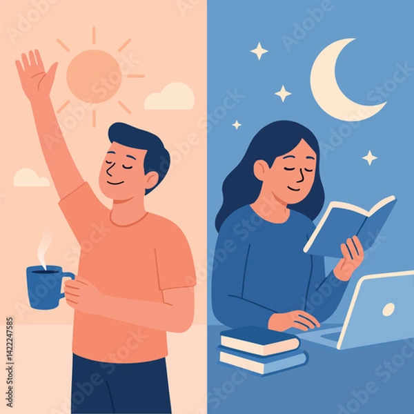 Fototapeta Minimalist flat vector illustration showing two different chronotypes. A morning person enjoys coffee under the sun, while a night person reads a book by moonlight.
