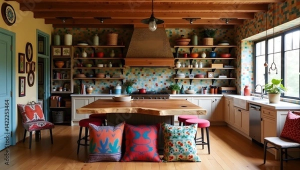 Fototapeta Boho kitchen with colorful tiles and open pantry.