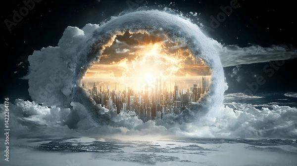 Fototapeta A city bursts from a frozen sphere surrounded by clouds in a starry sky. Great for fantasy art illustrations or sci-fi themed book covers or posters.