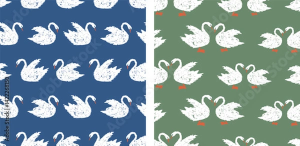 Obraz Seamless patterns of drawn white swans silhouettes, vector backgrounds, paper, fabric