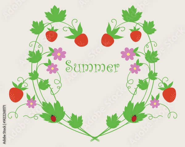 Obraz Heart shape border of rpe red strawberries twigs, flowers, leaves, tendrils, ladybirds, decorative card, vector illustration