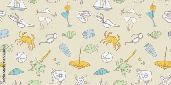 Obraz Seamless pattern of outlines beach holiday symbols, vector background, paper, fabric, wallpaper, textile