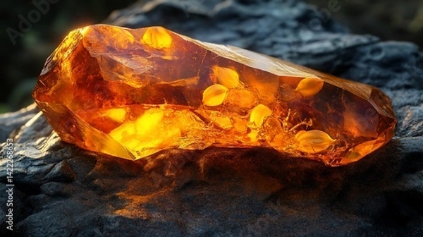 Fototapeta Translucent Amber Gemstone with Fossilized Inclusions on Textured Rock