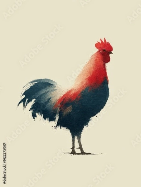Obraz Side view of a rooster standing proudly against a pale background, with bold red and dark blue feathers blending like watercolor paint
