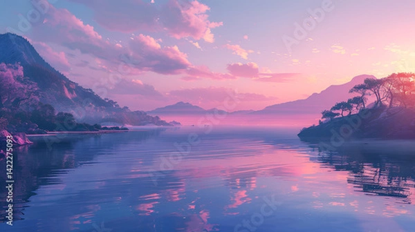 Fototapeta A serene landscape featuring a calm lake reflecting a pink and purple sunset with mountains and trees .