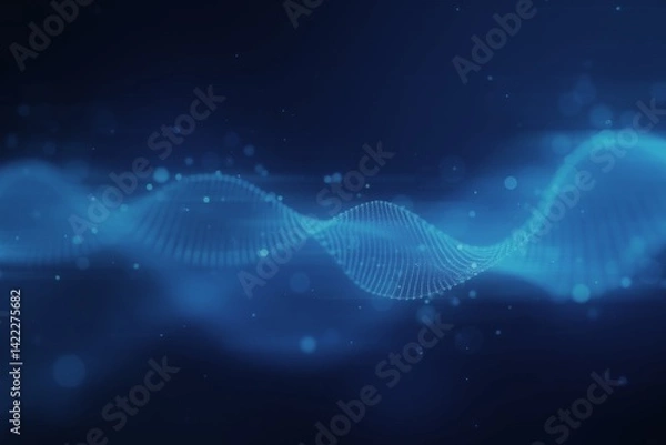 Fototapeta Abstract wave of glowing blue particles in a digital data stream against a dark background