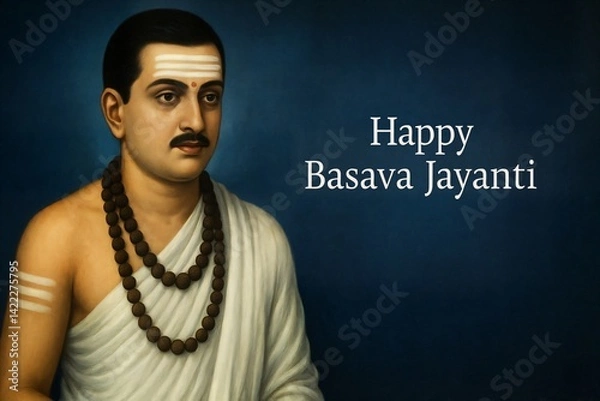 Fototapeta Happy basava jayanti card design with basavaṇṇa portrait.