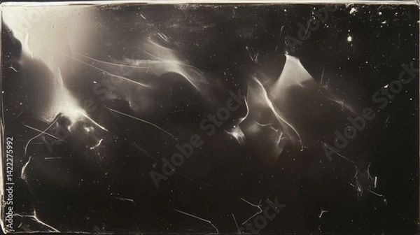 Fototapeta Grunge abstract dusty scanned old film texture overlay. Damaged grain screen gradient background. Orange glitch noise on black scratched texture with dust. Leak flare light picture.
