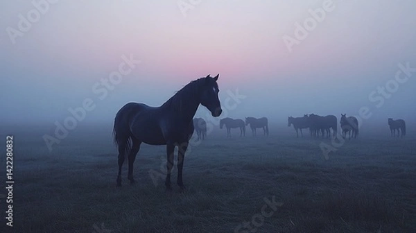 Fototapeta Horses in ethereal fog at dawn, creating a scene of dreamy mystery and tranquility