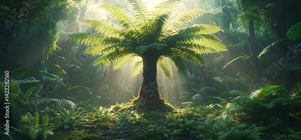 Fototapeta Enchanting fern tree stands tall, bathed in sun rays in a serene, ethereal forest