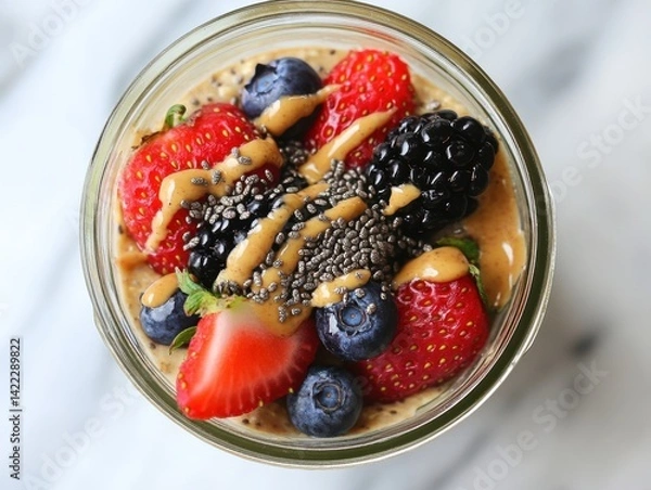 Obraz Delicious overnight oats with fresh berries and almond butter in a glass jar on marble background healthy breakfast food photography