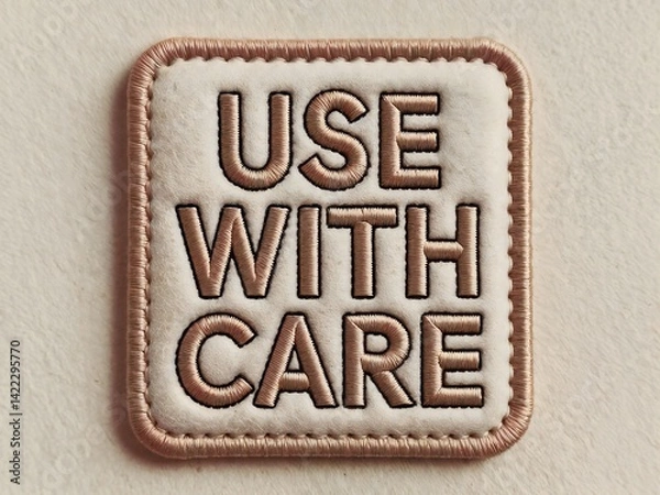 Fototapeta Square patch with bold brown USE WITH CARE text on cream fabric, featuring a rounded edge brown border and visible stitching details.