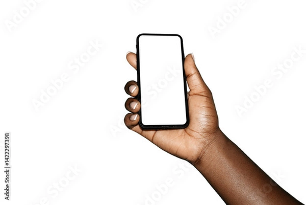 Obraz pretty Black african female hand holding phone facing camera with blank yellow screen isolated on transparent background. blank screen, colorful phone screen mockup, front view 