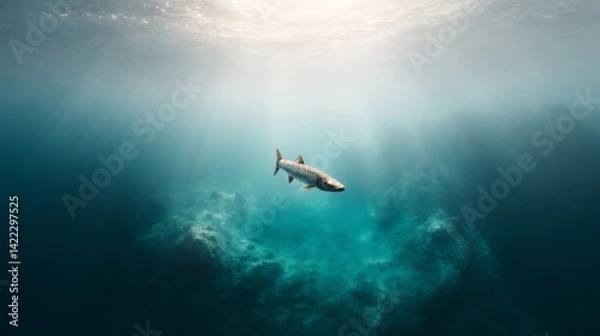 Fototapeta A single fish swims gracefully through deep, sunlit ocean depths