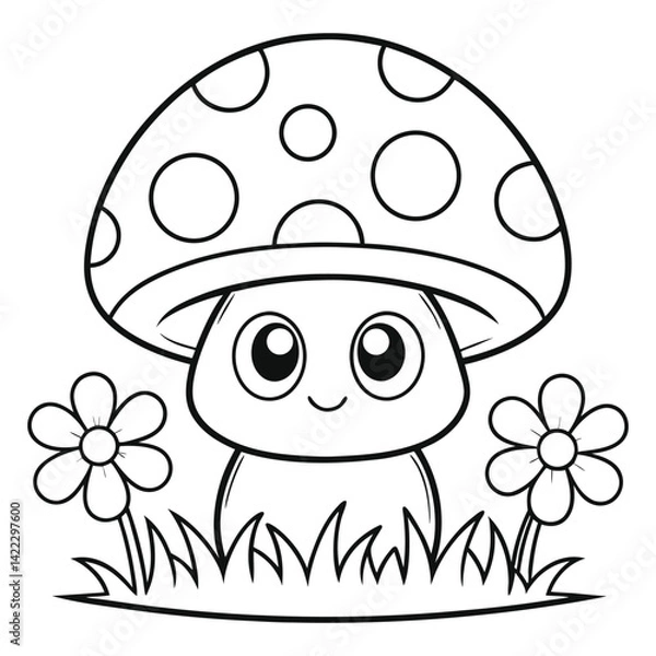 Obraz Adorable Cartoon Mushroom with Flowers and Nature Scene Coloring Page