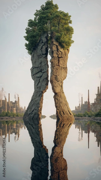 Fototapeta Industrial Monument: Nature's Resilience in the Face of Steel and Smoke.  A powerful juxtaposition of weathered, ancient-looking stone formations standing tall against a hazy industrial skyline,