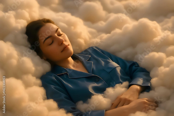 Fototapeta A woman sleeping peacefully amidst a sea of clouds. The image evokes feelings of tranquility and serenity