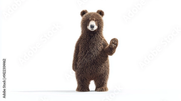 Fototapeta Friendly Brown Bear, Cartoon Character, 3D Render, Standing, Waving Paw, Isolated on White Background, Animation, Mascot, Cute, Greeting, Wildlife, Nature, Friendly Gesture