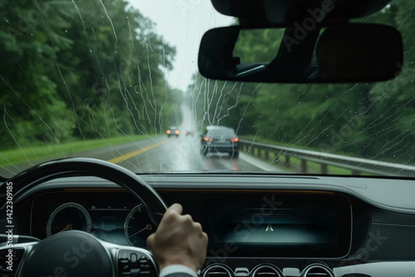 Fototapeta Driver navigating highway during rainstorm. Road safety and weather awareness concept.
