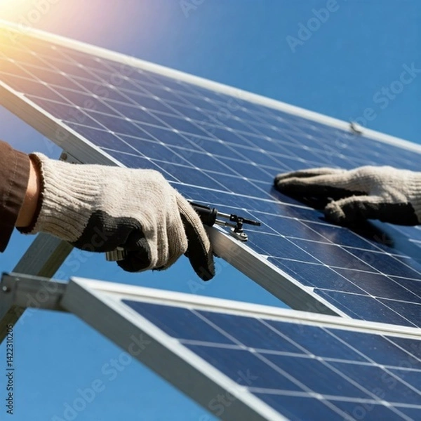 Fototapeta A technician wearing protective gloves installs or maintains solar panels under direct sunlight. This image highlights renewable energy technology and clean energy practices.