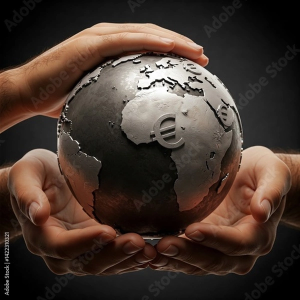 Fototapeta Two hands cradle a stylized globe, emphasizing unity and cooperation. The globe features Africa and Euro symbols, symbolizing global finance and interconnectedness.