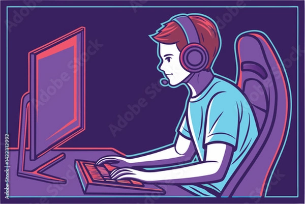 Fototapeta Focused Computer User Digital Work and Gaming Setup