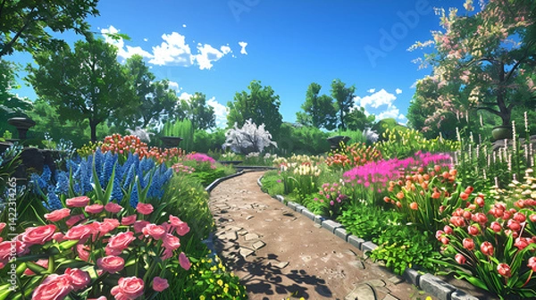 Fototapeta A winding stone path through a vibrant garden with colorful flowers under a bright blue sky with clouds .