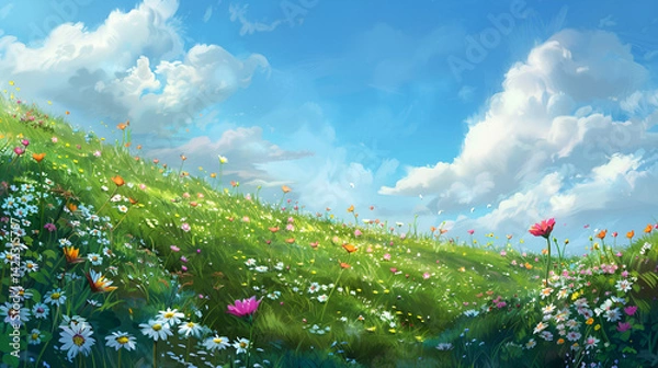 Fototapeta A vibrant meadow filled with wildflowers under a bright blue sky with fluffy white clouds above it all .