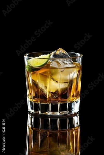 Fototapeta Elegant whiskey cocktail with ice cubes and lime slice in a faceted glass on a reflective black surface studio shot dark background