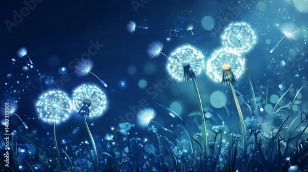 Fototapeta Night glowing dandelions with its seeds being blown away by the wind.