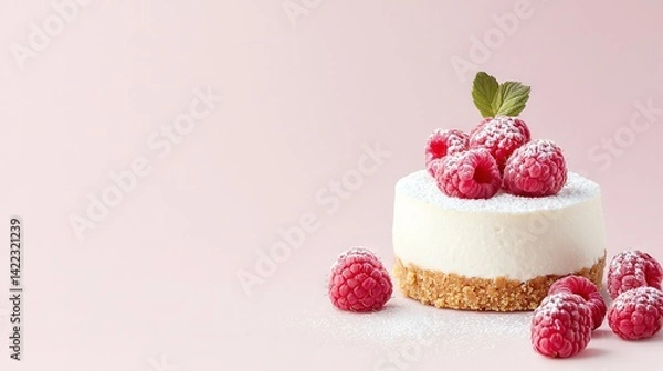 Fototapeta   A pink surface with a raspberry-topped cake and surrounding berries