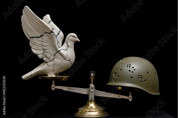 Fototapeta The cracked statue of a dove and the helmet on the scales represent the shaky line between war and peace.