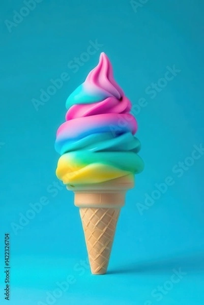 Fototapeta Vibrant swirl ice cream cone with rainbow colors on a blue background a playful and cheerful treat perfect for summer and dessert lovers
