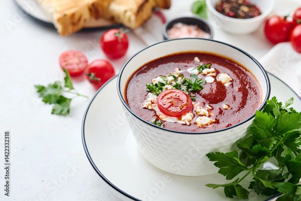 Fototapeta Tomato puree soup garnished with parsley, feta cheese and spices with toasted bread slices, tomatoes and herbs on white table
