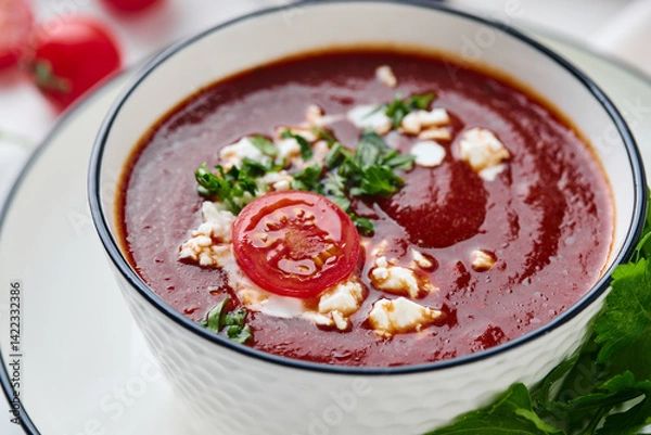 Fototapeta Tomato puree soup garnished with parsley, feta cheese and spices with toasted bread slices, tomatoes and herbs on white table