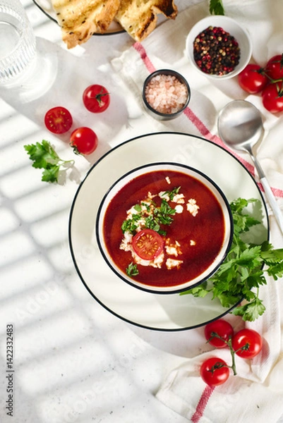Fototapeta Spanish Cold Tomato Gazpacho Soup garnished with parsley, feta cheese and spices with toasted bread slices, tomatoes and herbs on white table