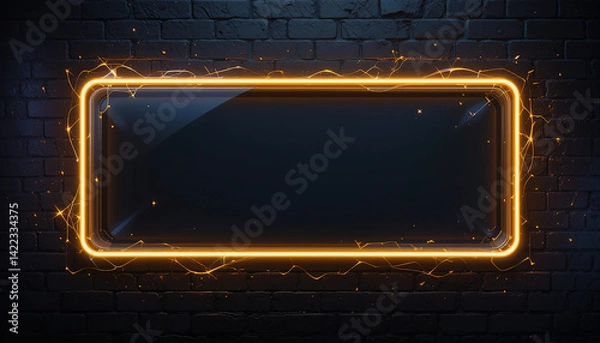 Fototapeta This image depicts a rectangular neon sign with a bright orange outline, set against a dark brick wall background