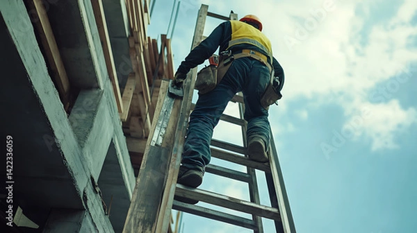 Obraz Construction Worker Climbing Ladder at Site