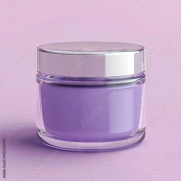Obraz   A jar with a white lid sits on a purple surface, reflecting light at the bottom