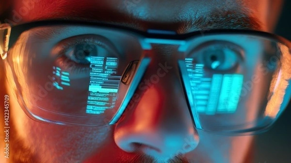 Obraz Close-Up of Eyewear Reflecting Programming Code in a Cybersecurity Environment