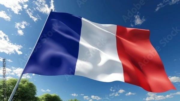 Fototapeta Vibrant French Flag in Motion with Bright Blue Sky and Fluffy White Clouds, Green Treetops below, Breathtaking Low-Angle Perspective of Patriotism and Freedom, Realistic Fabric