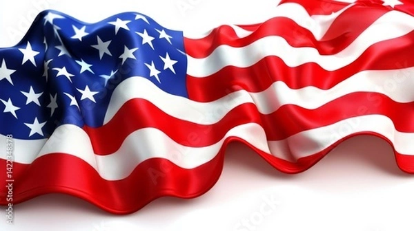 Fototapeta Vivid American Flag Draped and Flowing on Bright White Background with Glossy Soft Fabric Textures, Deep Blue and Vibrant Red Colors, Dynamic Curves and Folds, Patriotic Theme,