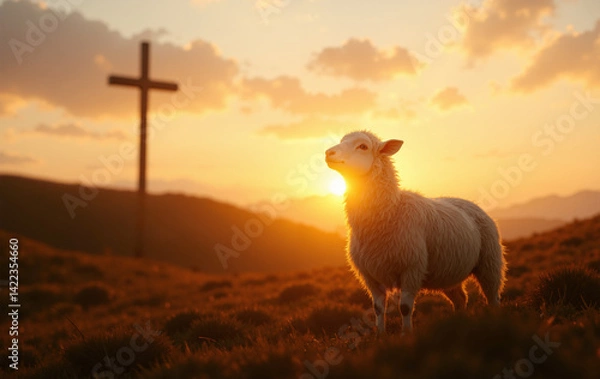 Obraz Concept of resurrection of Jesus Christ lamb of God in front with cross in background and sunset	
