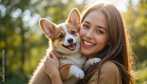 Obraz Joyful Woman Hugging Cute Corgi Puppy in Nature